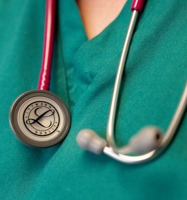 Close-up image of a stethoscope around a student's neck