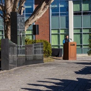 Coordinator of Dwyers Grant Jeremy Duers speaks at an on-campus Veterans Day event