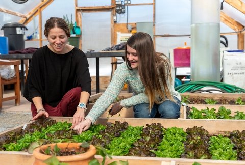 Kim Feeney London working with a student in the college's greenhouse